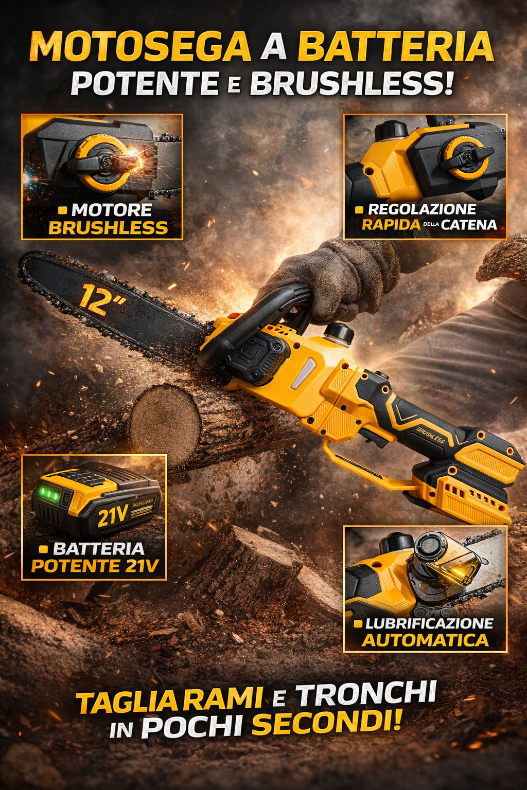 Motosega telescopica a batteria 12 pollici 21V con motore brushless