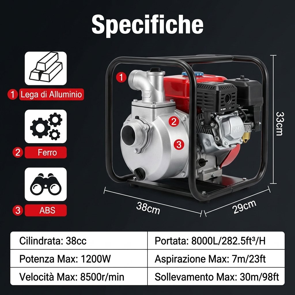 Specifiche pompa acqua 38cc 1200W 8000 L/h aspirazione 7m sollevamento 30m