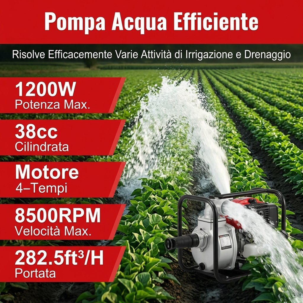 Pompa acqua efficiente 1200W 38cc 4 tempi 8000 L/h