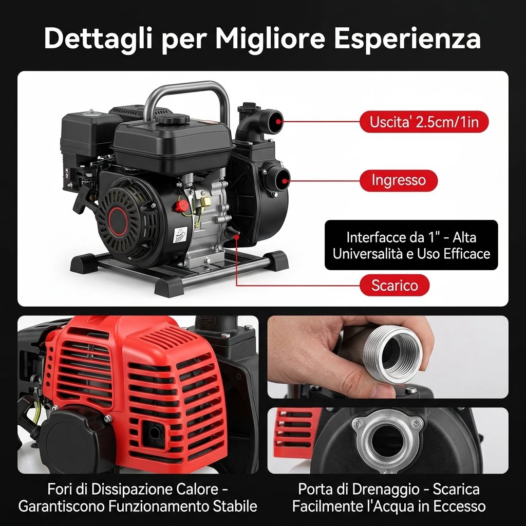 Dettagli pompa acqua ingresso uscita scarico e dissipazione calore
