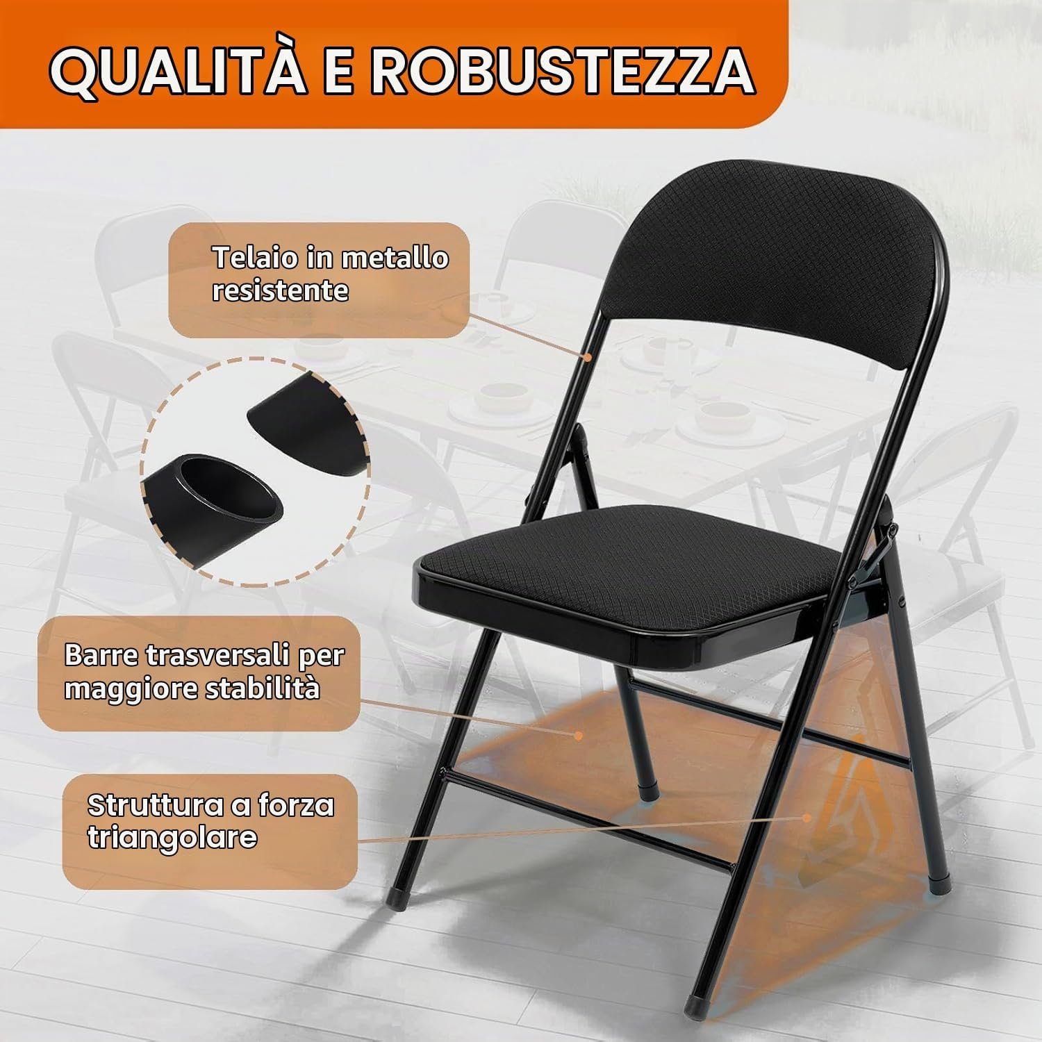 Dettaglio comfort sedia pieghevole nera