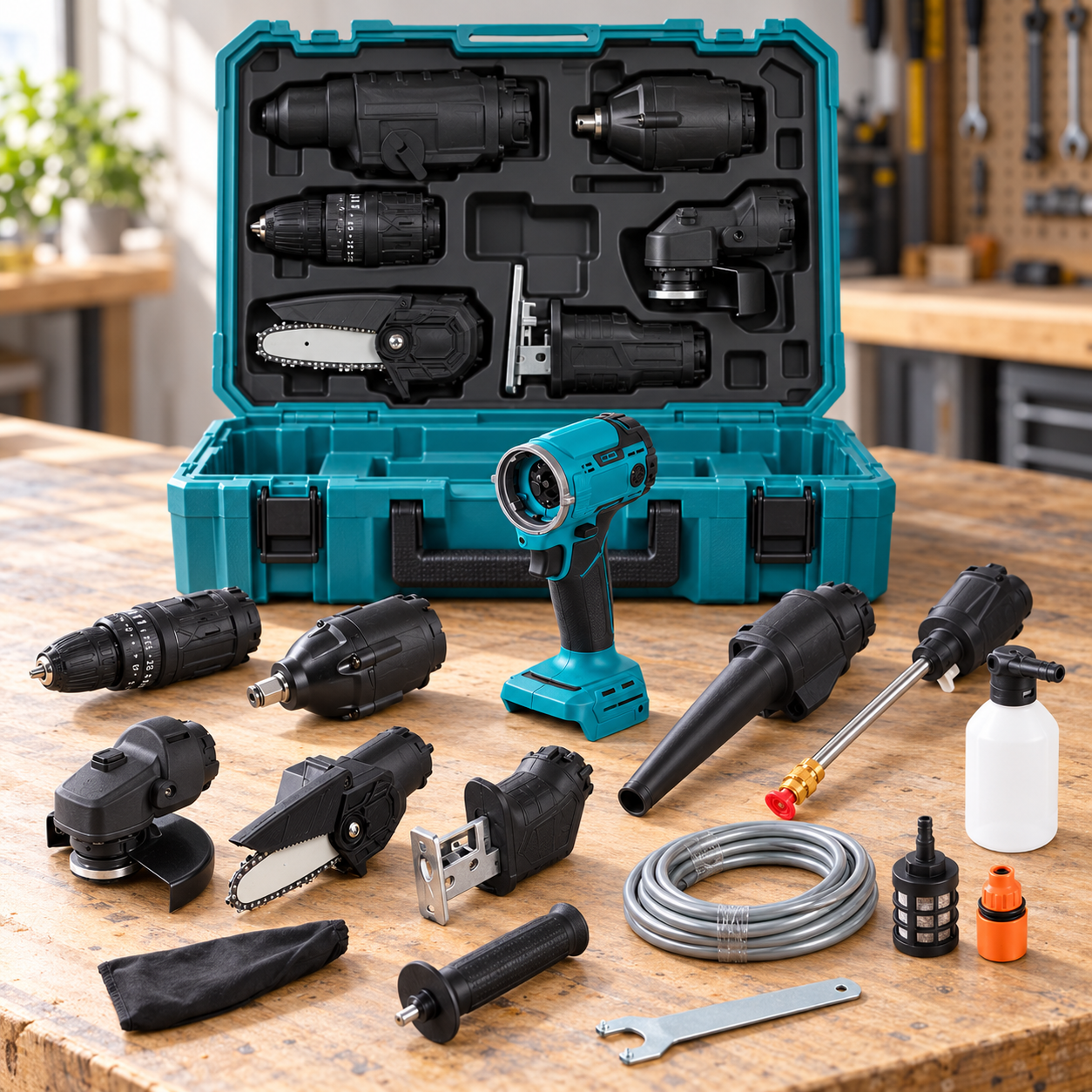 Dettaglio del kit modulare con corpo motore e accessori intercambiabili