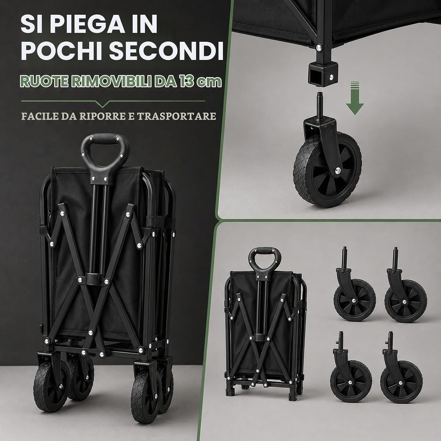 Carrello richiudibile con ruote rimovibili