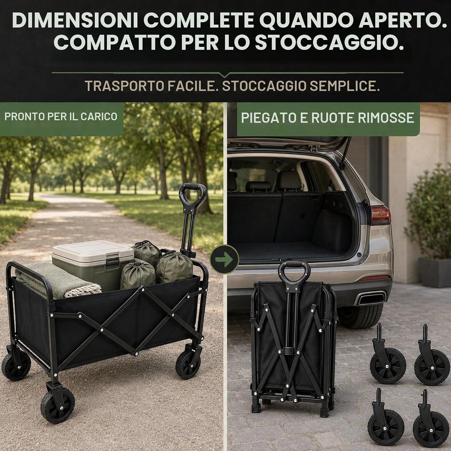Carrello aperto e carrello ripiegato nel bagagliaio