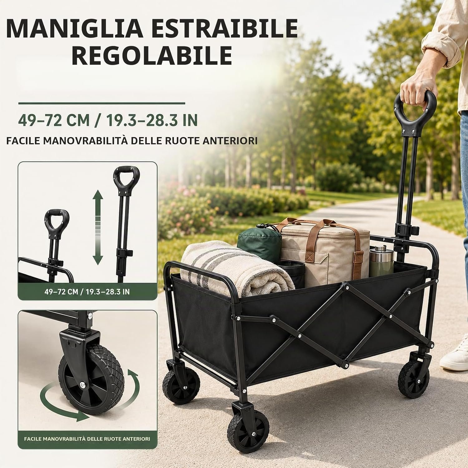 Maniglia regolabile e ruote anteriori carrello